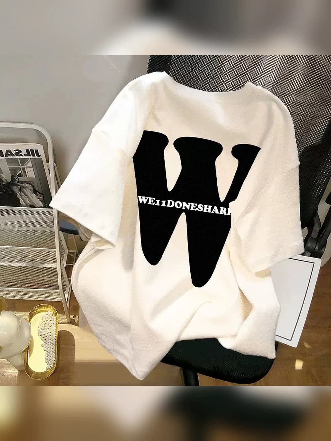 Women's white pure cotton short sleeve mid-length crew neck printed loose fit t-shirt