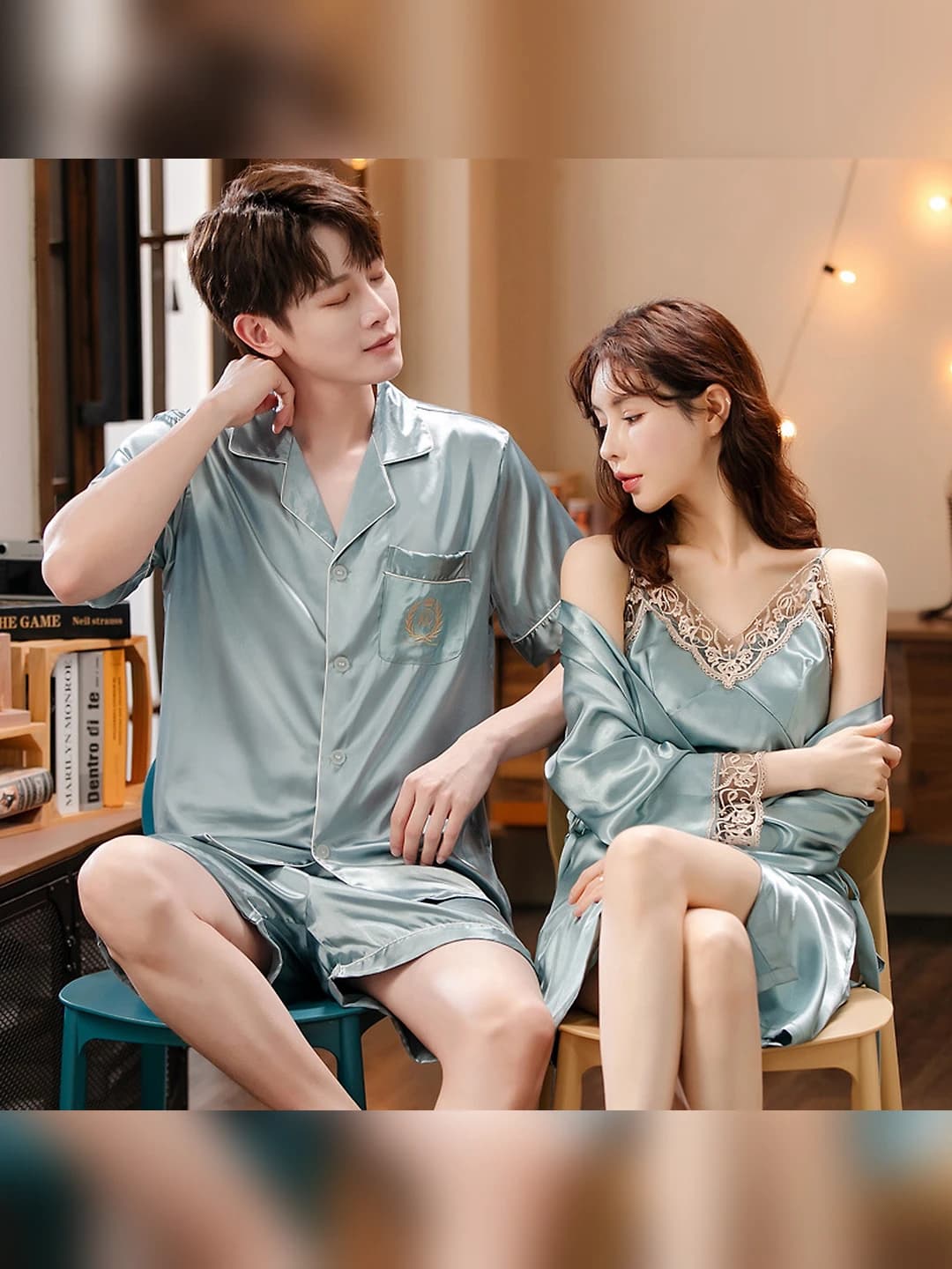 Women's summer thin ice-silk fabric set: lapel collar, short sleeve, shorts and nightgown