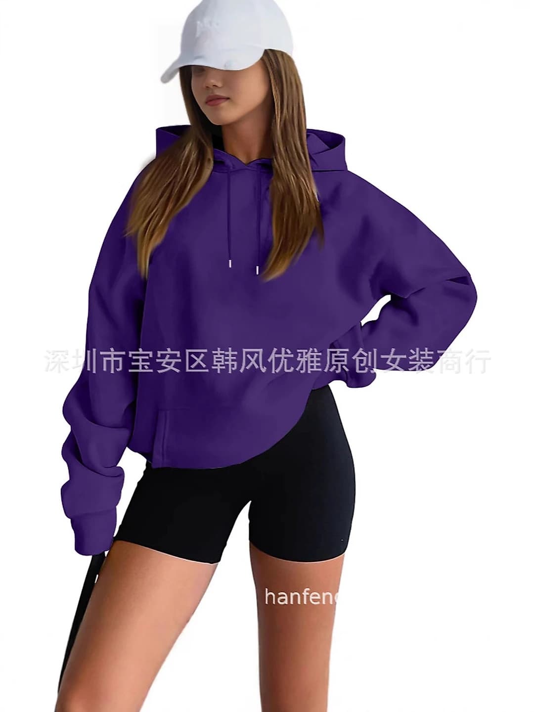 Women's autumn-winter fleece-lined hoodie, loose fit, long sleeve, solid colour