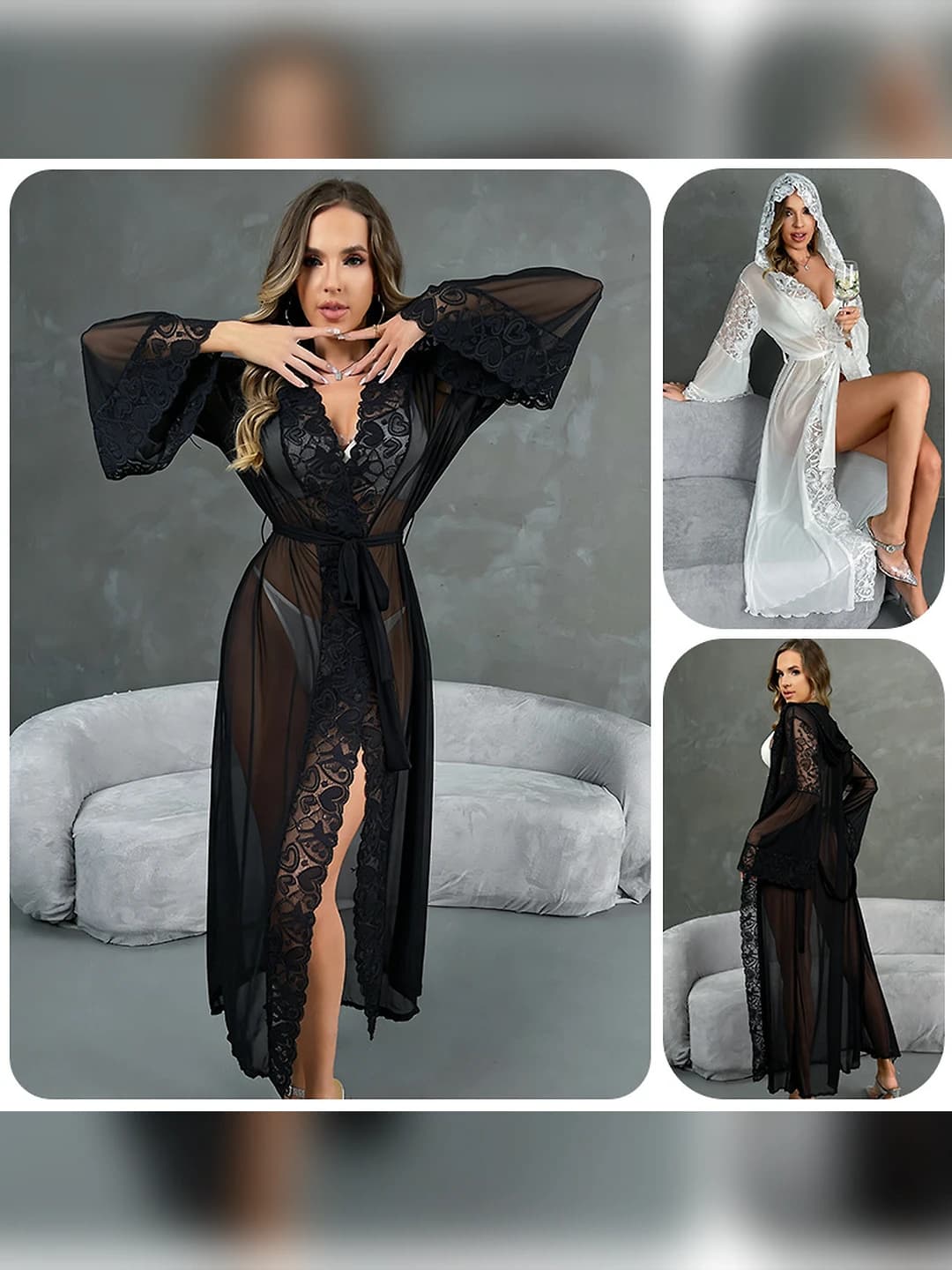 Women's lace mesh hooded house robe, long, see-through, tie-waist, trumpet sleeves