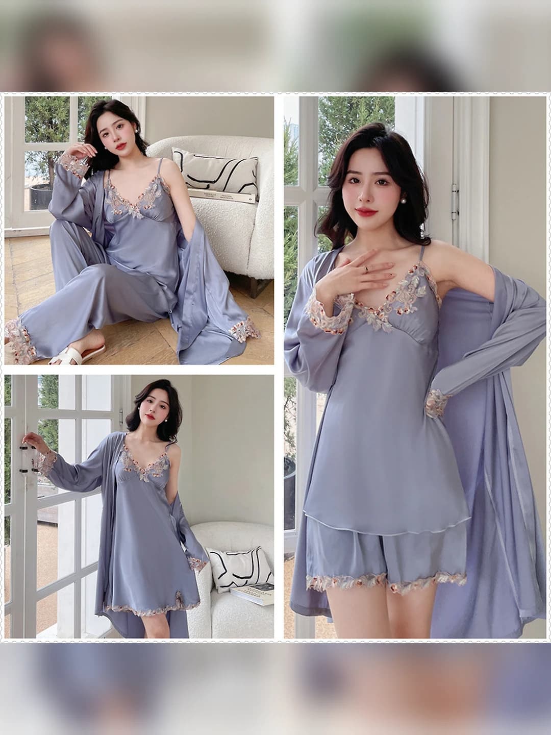 Smooth silk 5-piece set - Grey multicolour trim