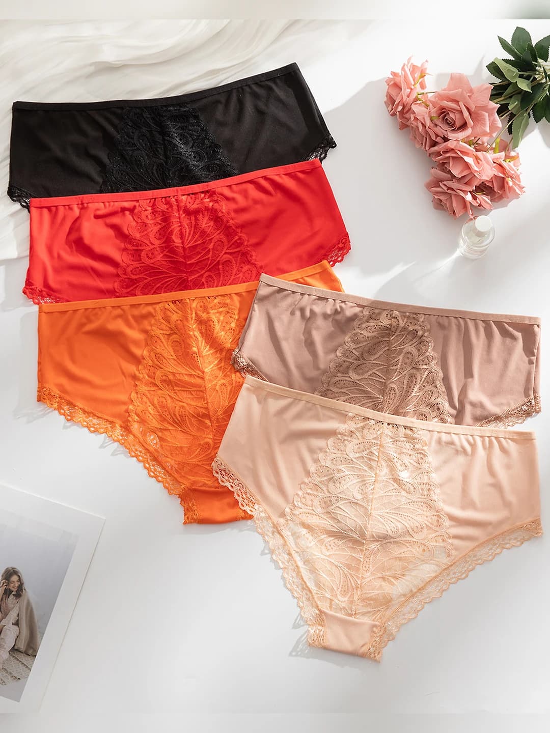 Women's lace briefs, pure cotton gusset, mid-waist, breathable, solid colour, plus size