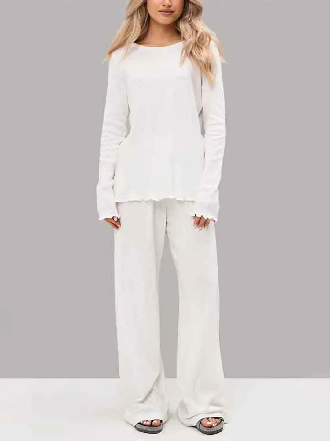 Women's pure cotton pajama set for spring-autumn, long sleeve top and trousers, crew neck, thin, casual style