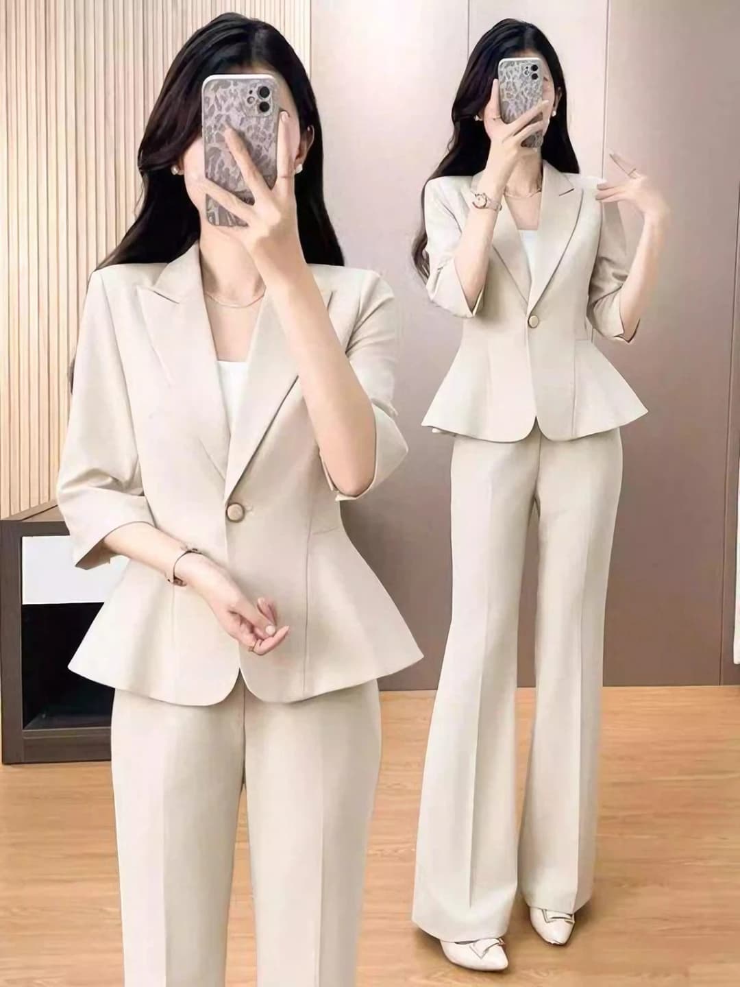 Women's summer blazer and trousers set with three-quarter sleeve, business suit