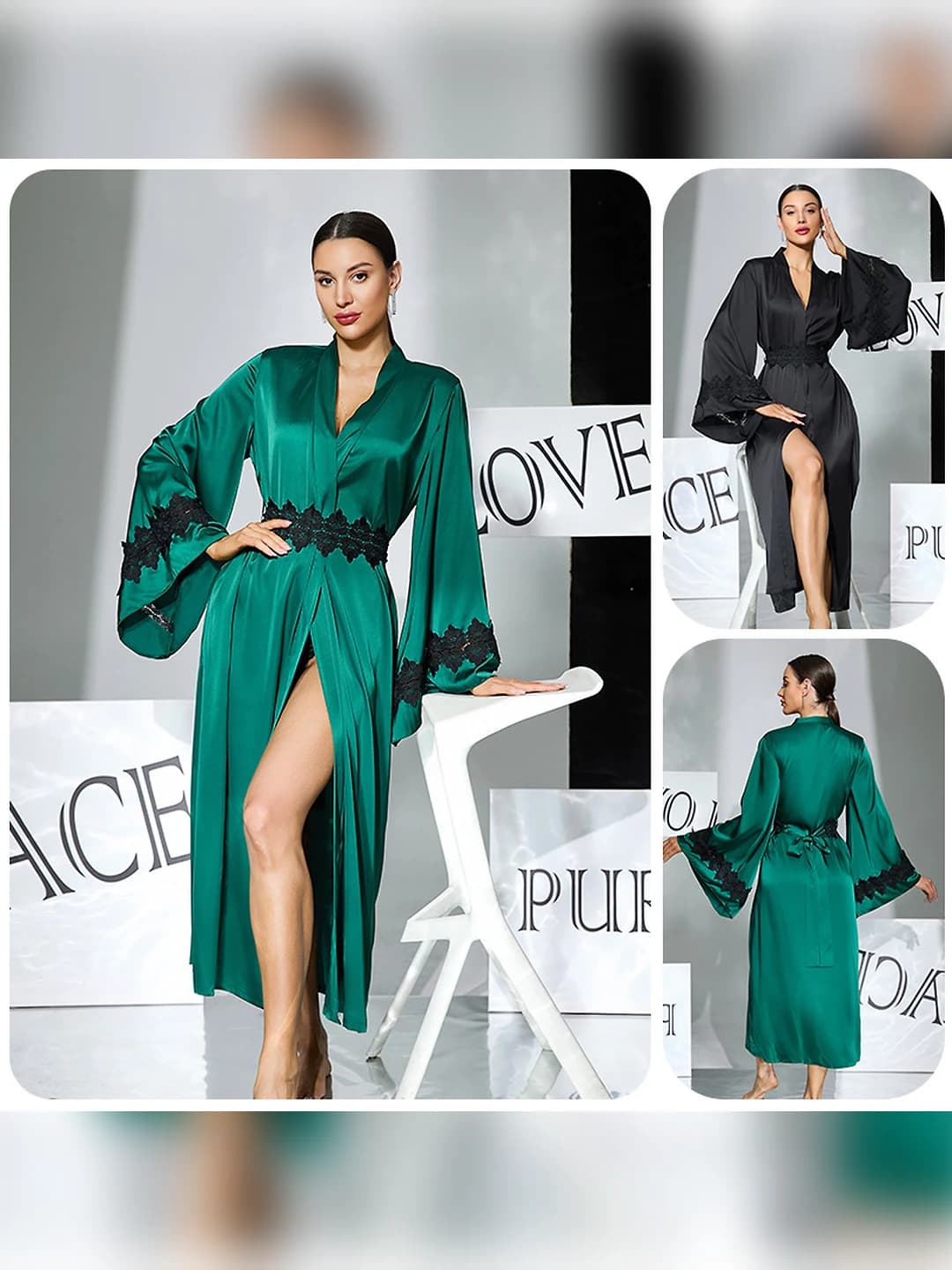 Women's satin house robe, long, with sleeves, multi-color