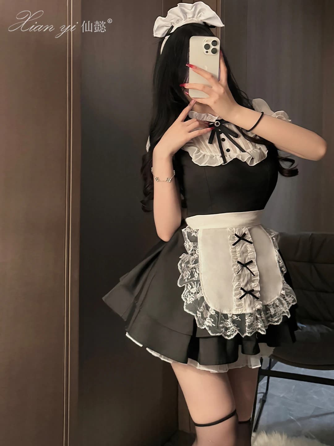 Ayollar uchun dantel ko'ylakli xizmatkor kostyumi, Lolita uslubidagi ichki kiyim, badiiy tasma bilan, Halloween uchun