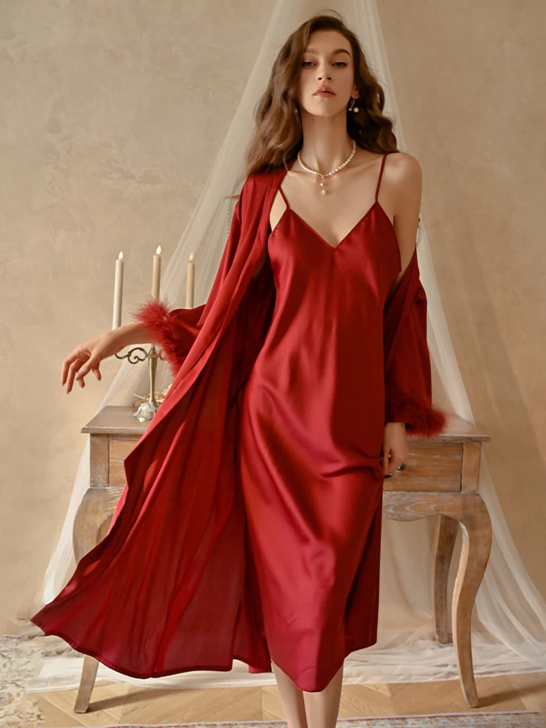 Women's ice-silk fabric nightgown, ultra-thin, for spring, 374 and 375