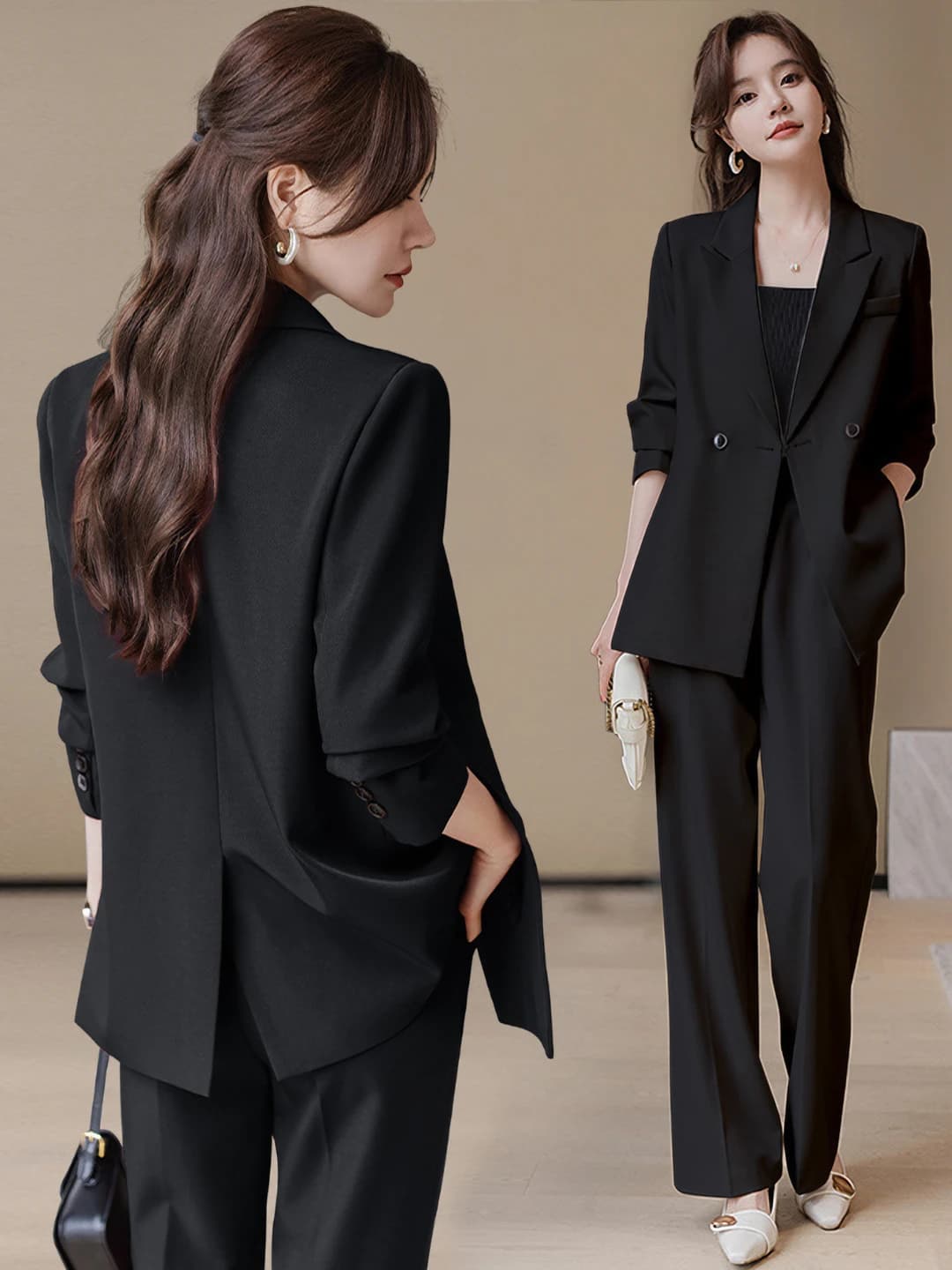 Women's black blazer and trousers set, long sleeve, for work and casual