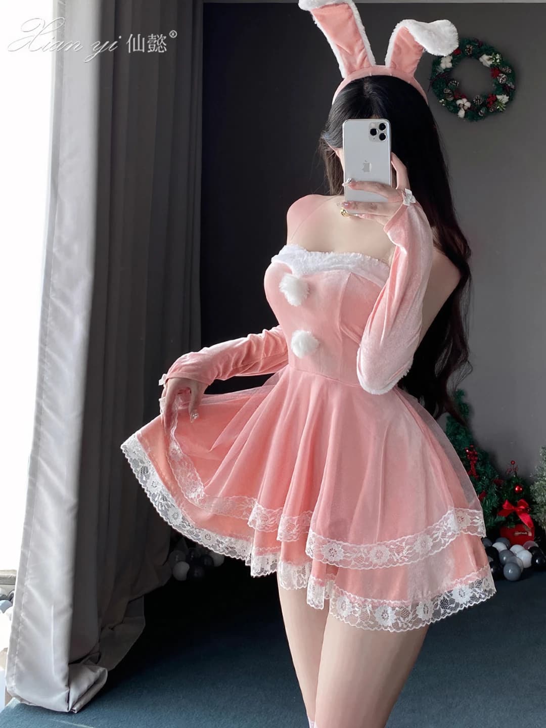 Ayollar uchun quyonchik qiz ichki kiyim kostyumi, bir rangli, kalta yubka, poliester mato, 93% poliester va 7% spandex