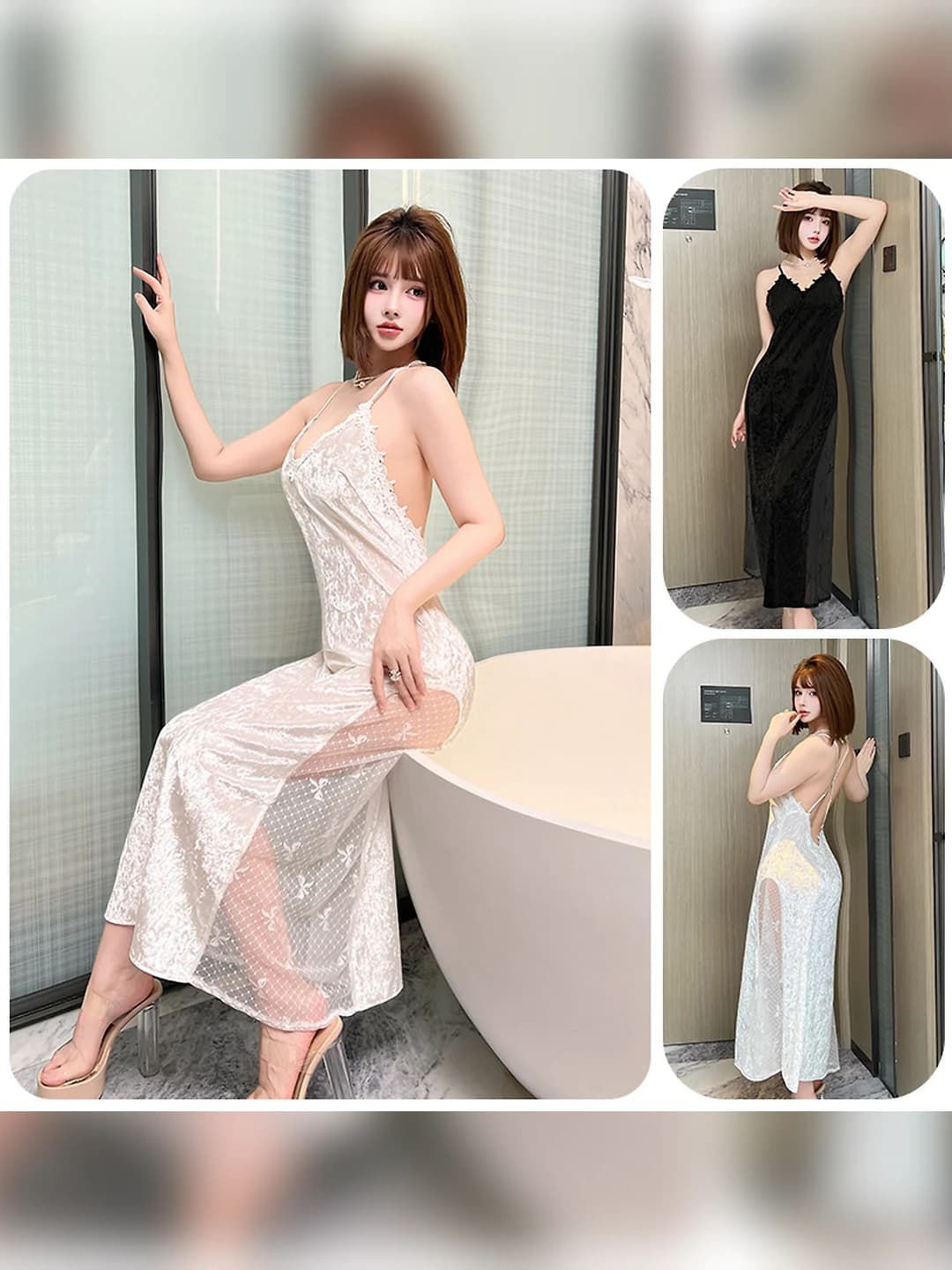 Women's long sleeveless home slip dress with V-neck and open back in satin