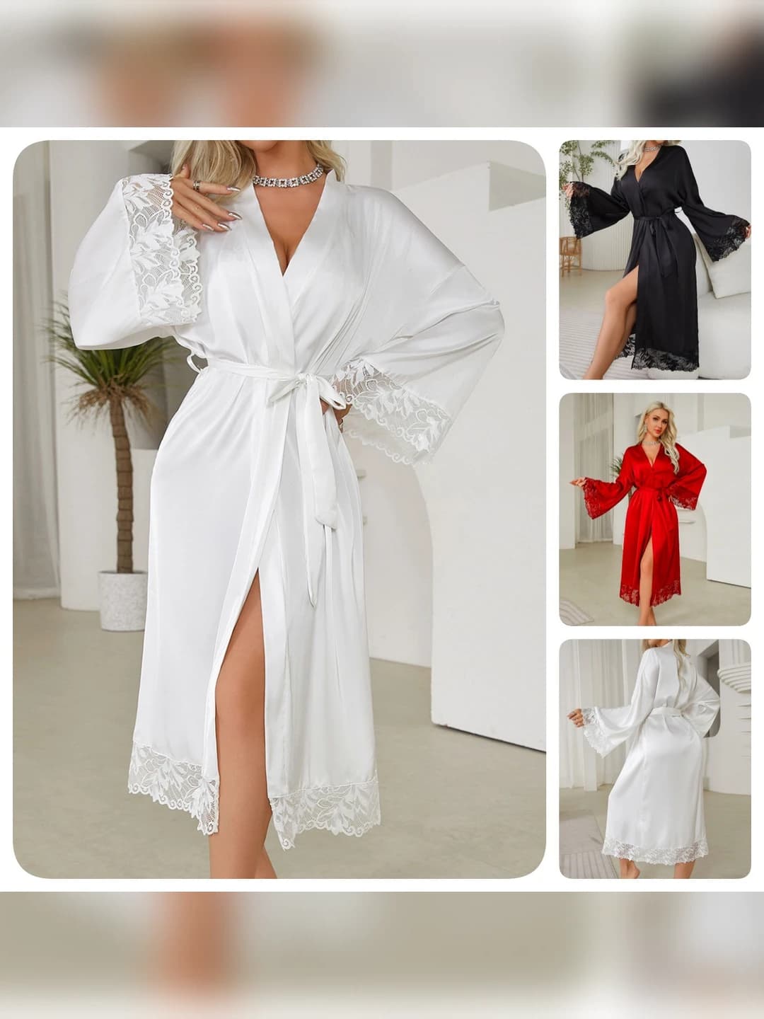 Women's satin lace-trimmed house robe, mid-length, V-neck, black and white, summer, spring, autumn