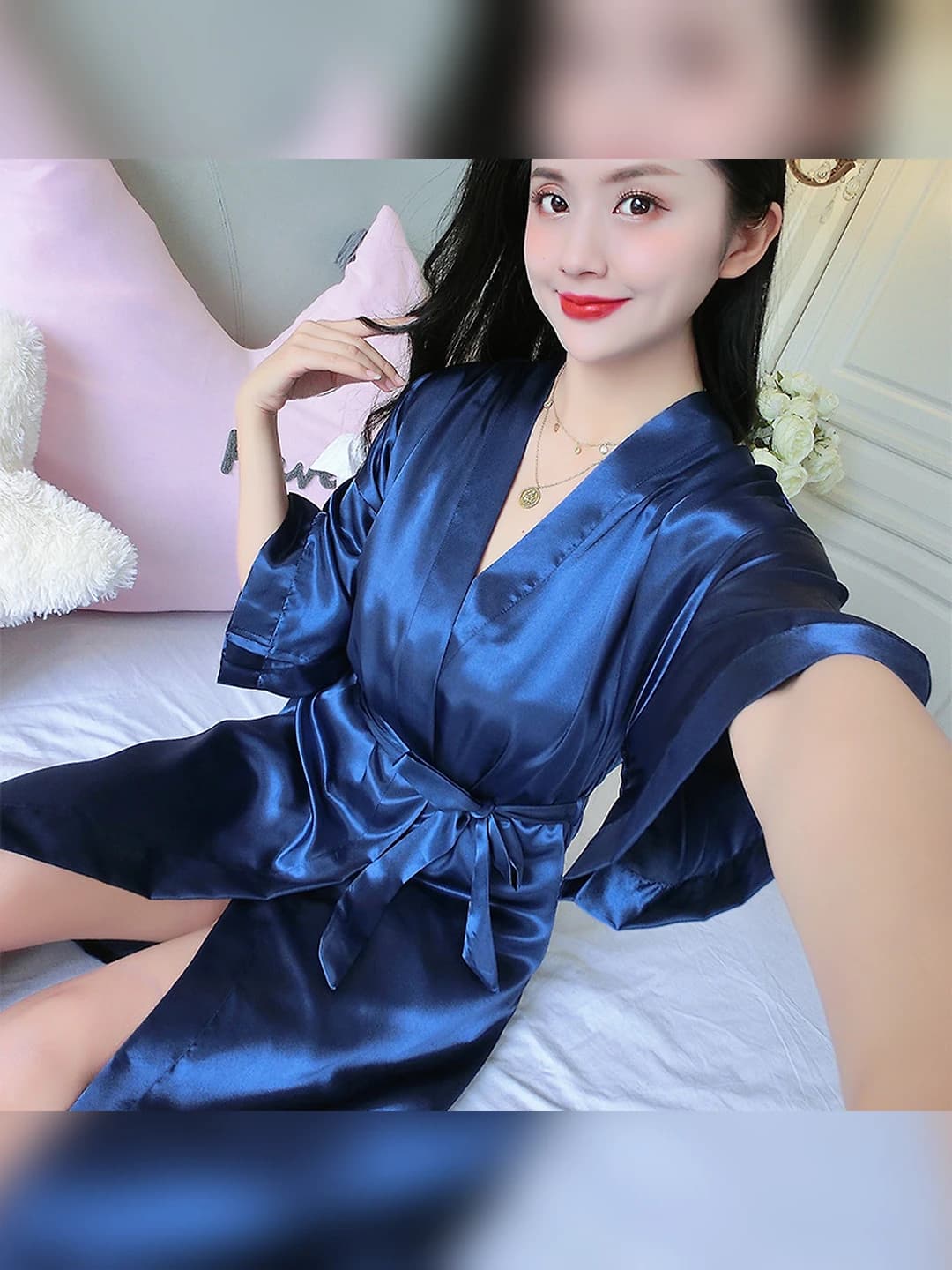 Women's summer thin ice-silk fabric house robe, V-neck, elbow-length sleeve, loose fit, mid-length, plus size