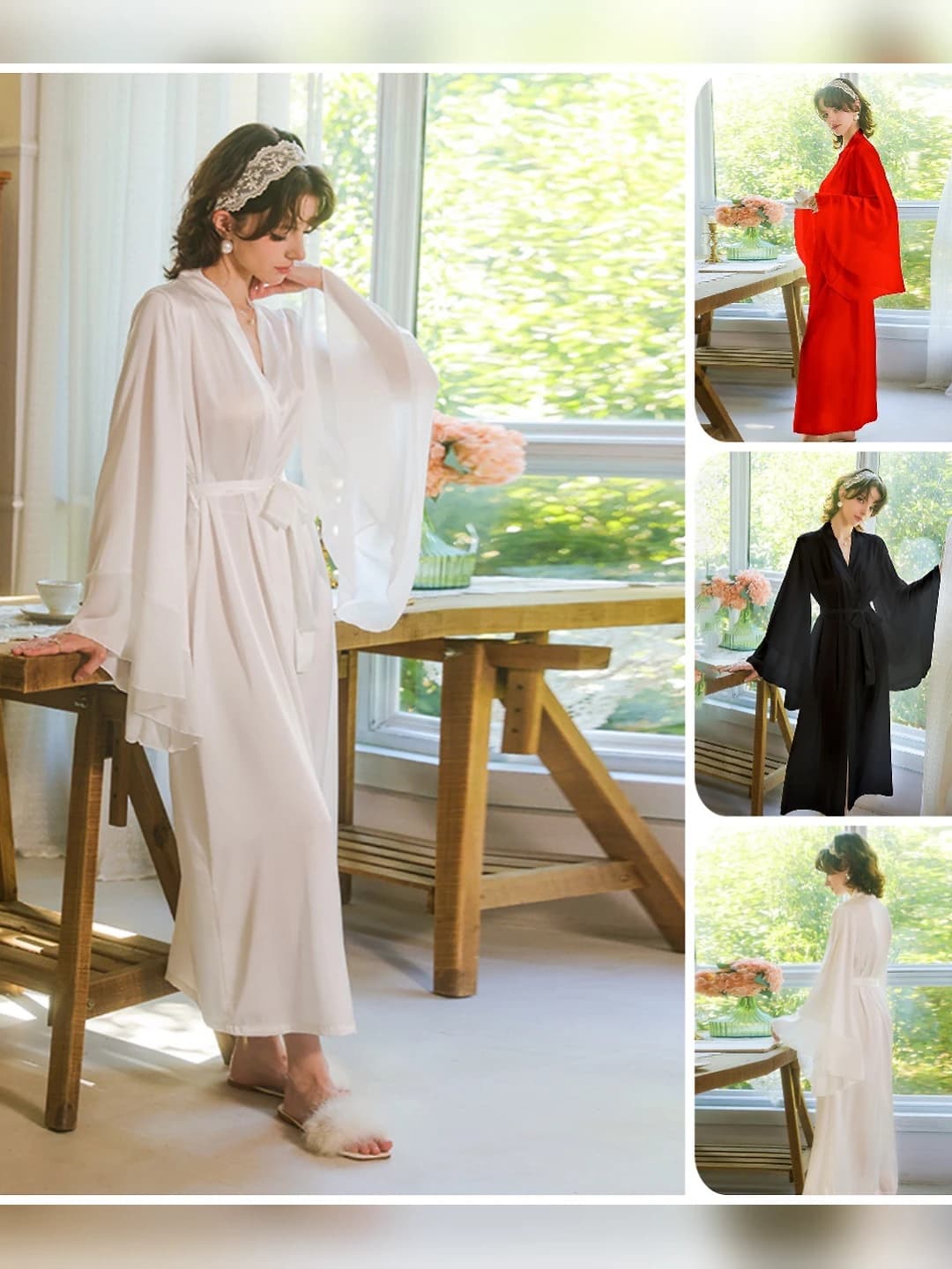 Women's loose fit long satin house robe with chiffon sleeve patches, collarless, ultra-thin, breathable, for spring, summer and autumn