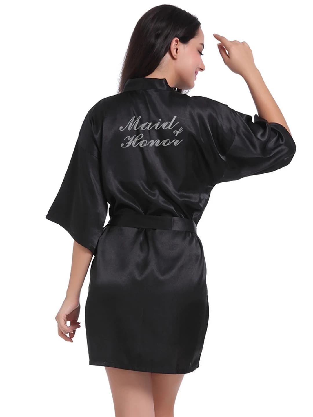 Women's house robe, thin, summer, elbow-length sleeve, V-neck, 100% polyester, with shiny stones