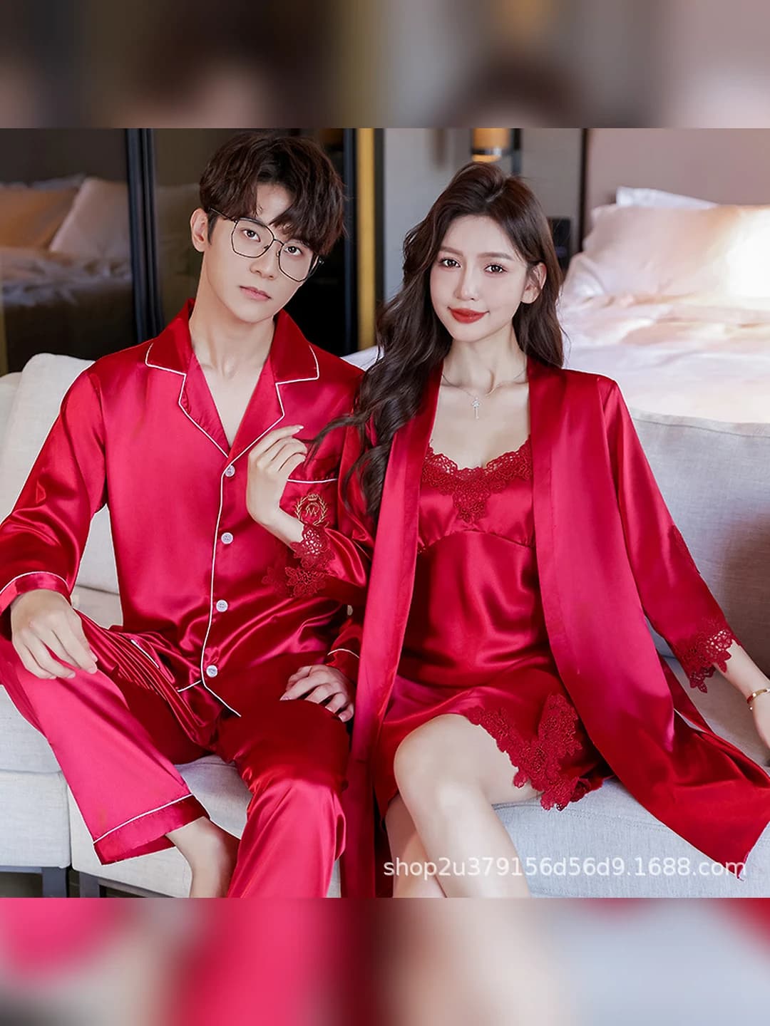 Women's couple pajama set: ice-silk fabric, long sleeve, trousers, V-neck, thin, for all seasons