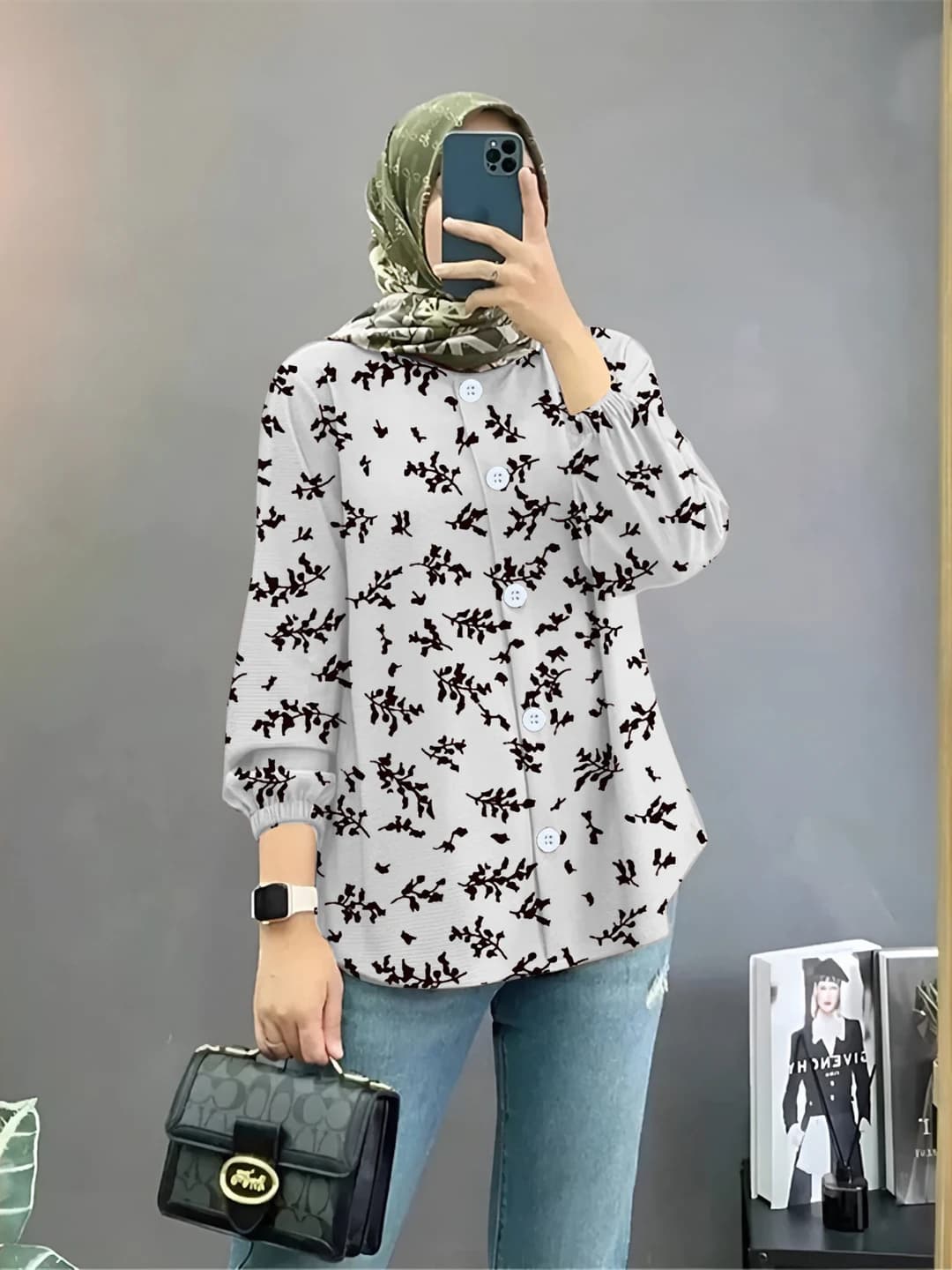 Women's floral printed long-sleeve shirt, loose fit, mid-length, retro style