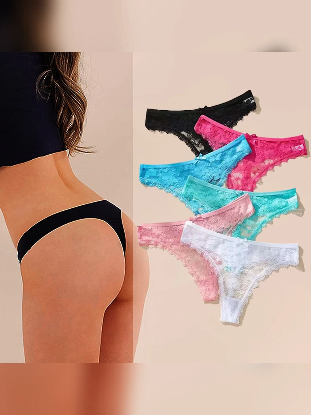 Women's lace T-thong underwear, low waist, solid colour, seamless, all-season