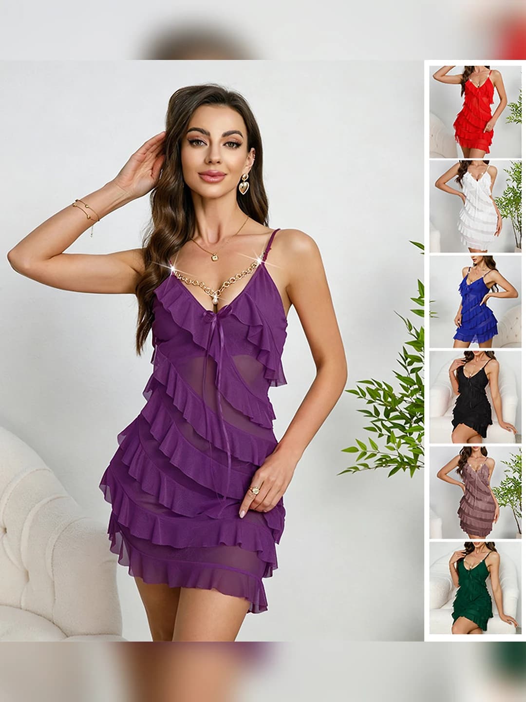 Women's nightgown: V-neck, sleeveless, mini skirt, ultra-thin fabric, breathable, for summer, spring and autumn