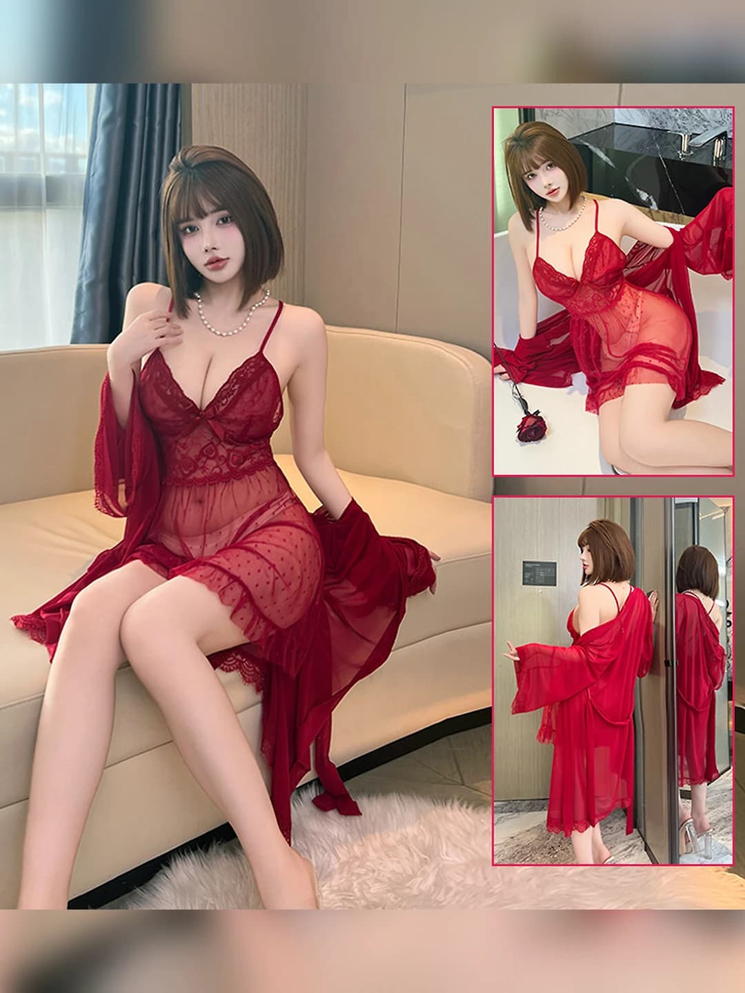 Women's lace lingerie set: nightgown and robe, V-neck, long sleeve, thin, spring