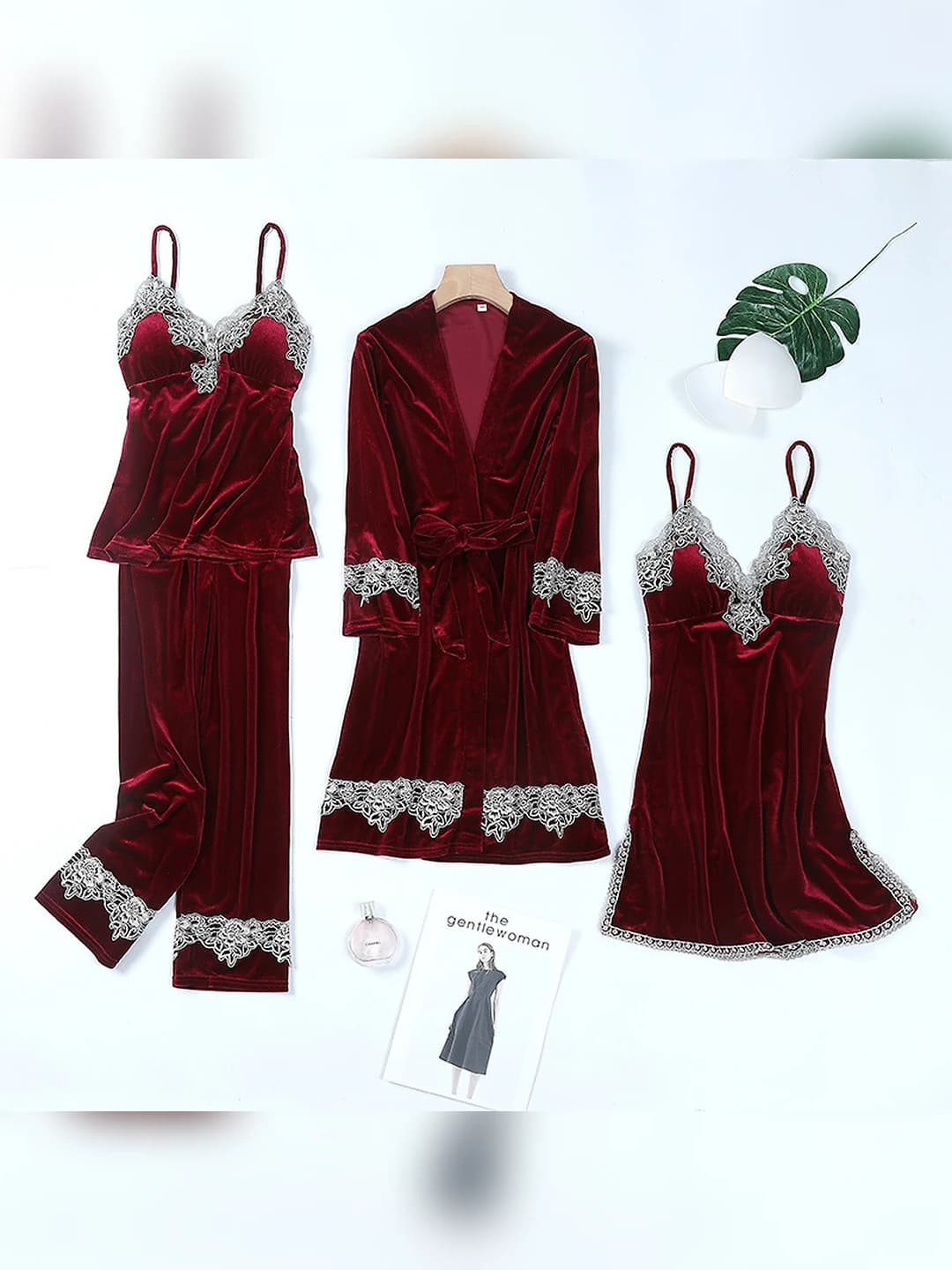 Wine red, 4-piece set, lace