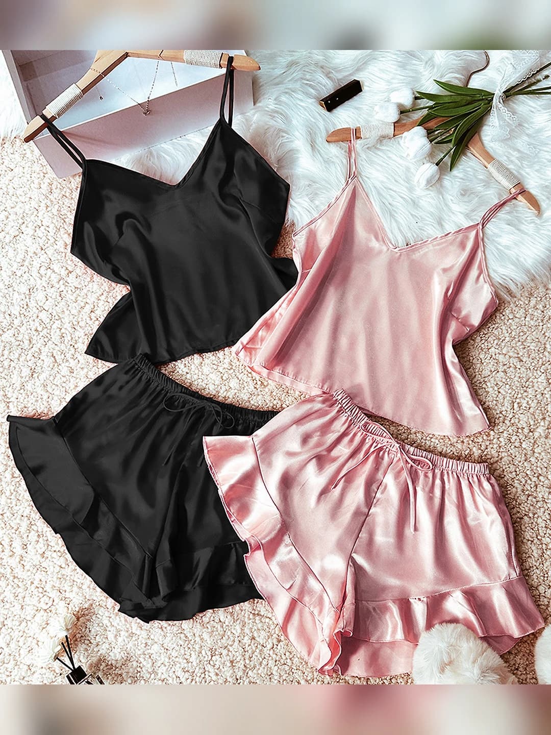 Women's summer thin ice-silk fabric pajama set (camisole top and shorts), V-neck, sleeveless, loose fit
