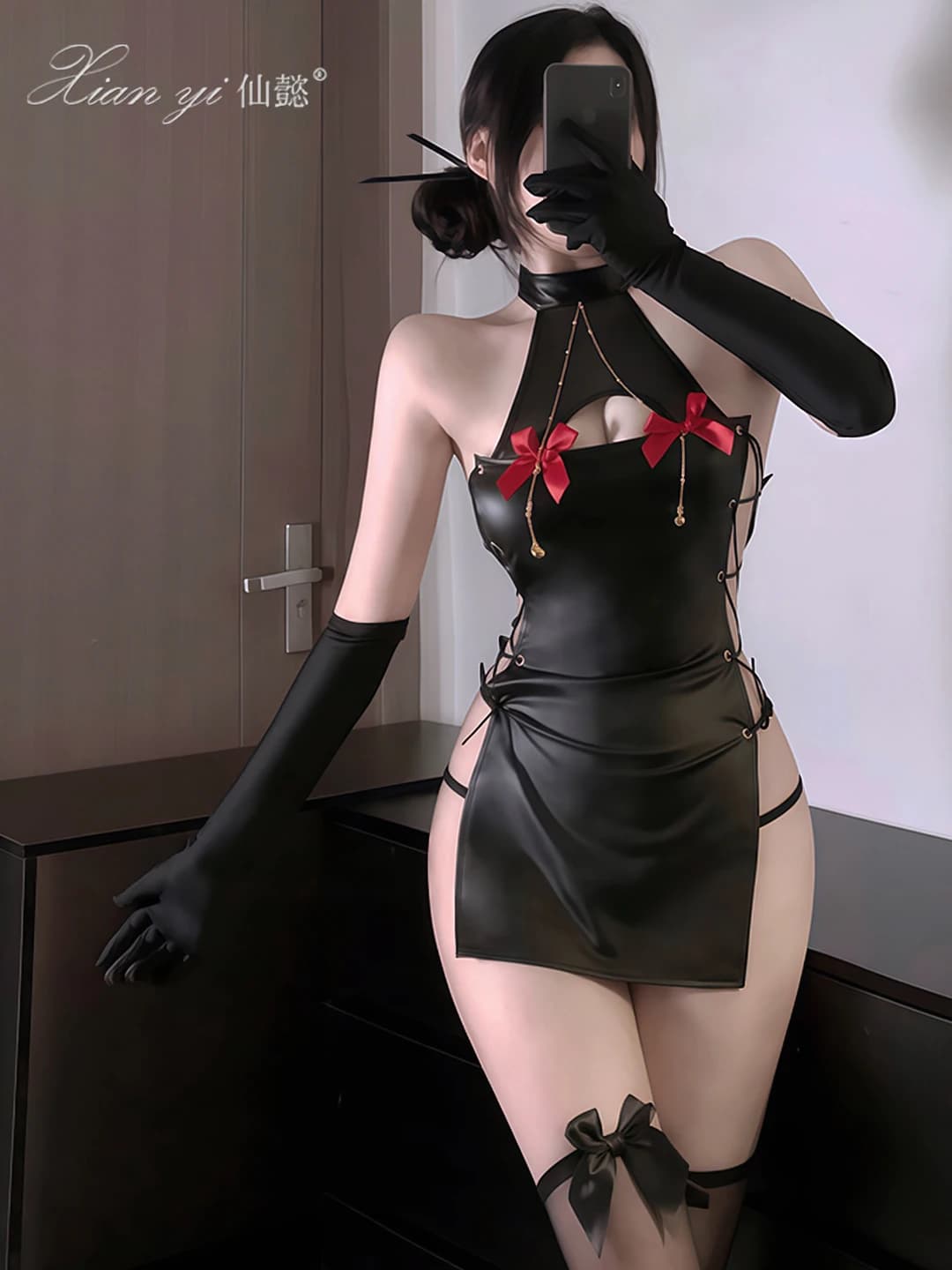Women's role-play latex costume dress set: stretch, mini skirt, patent leather, side slit, open chest, cutout