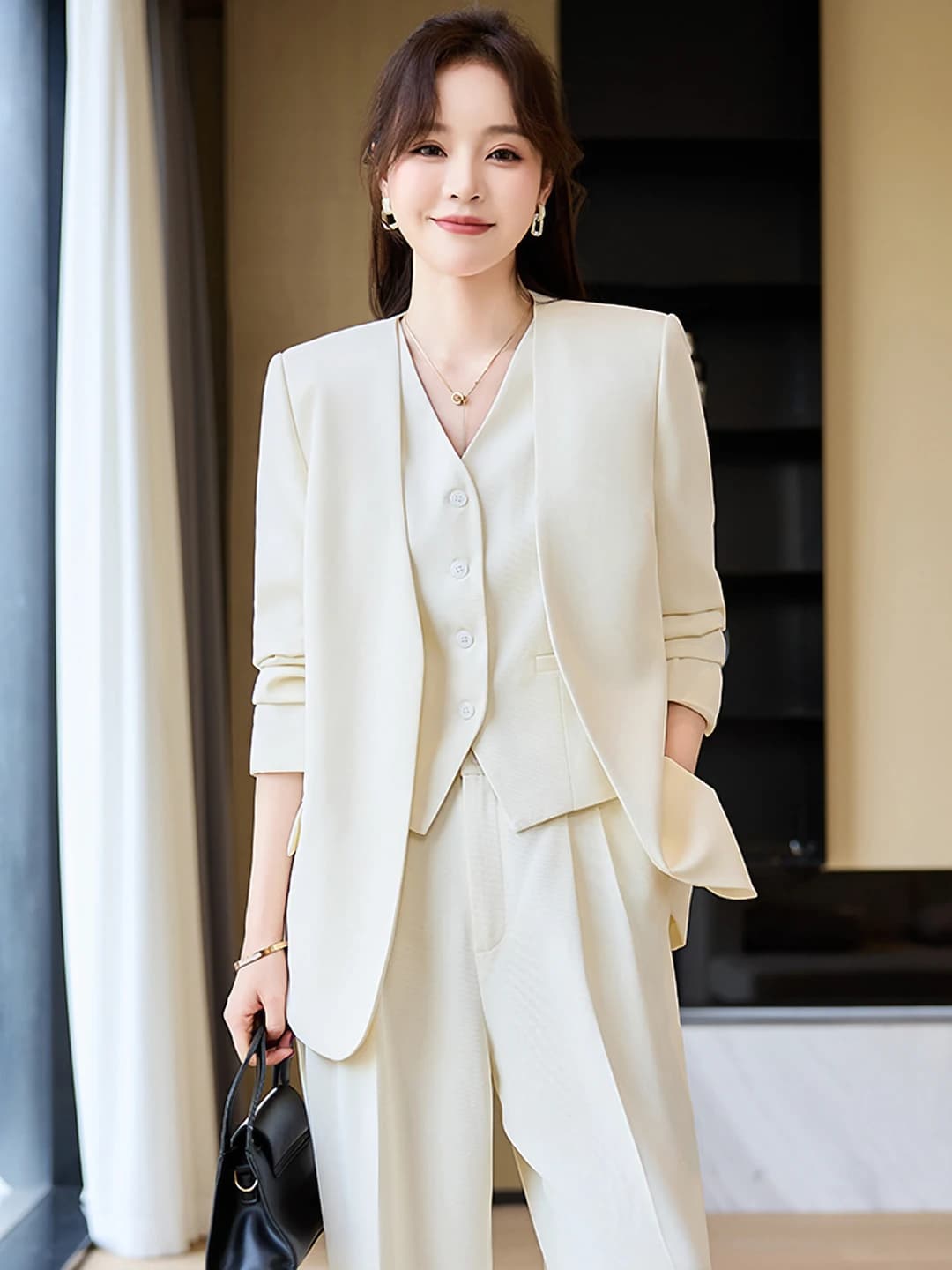 Women's white casual set: blazer, vest and trousers, slimming