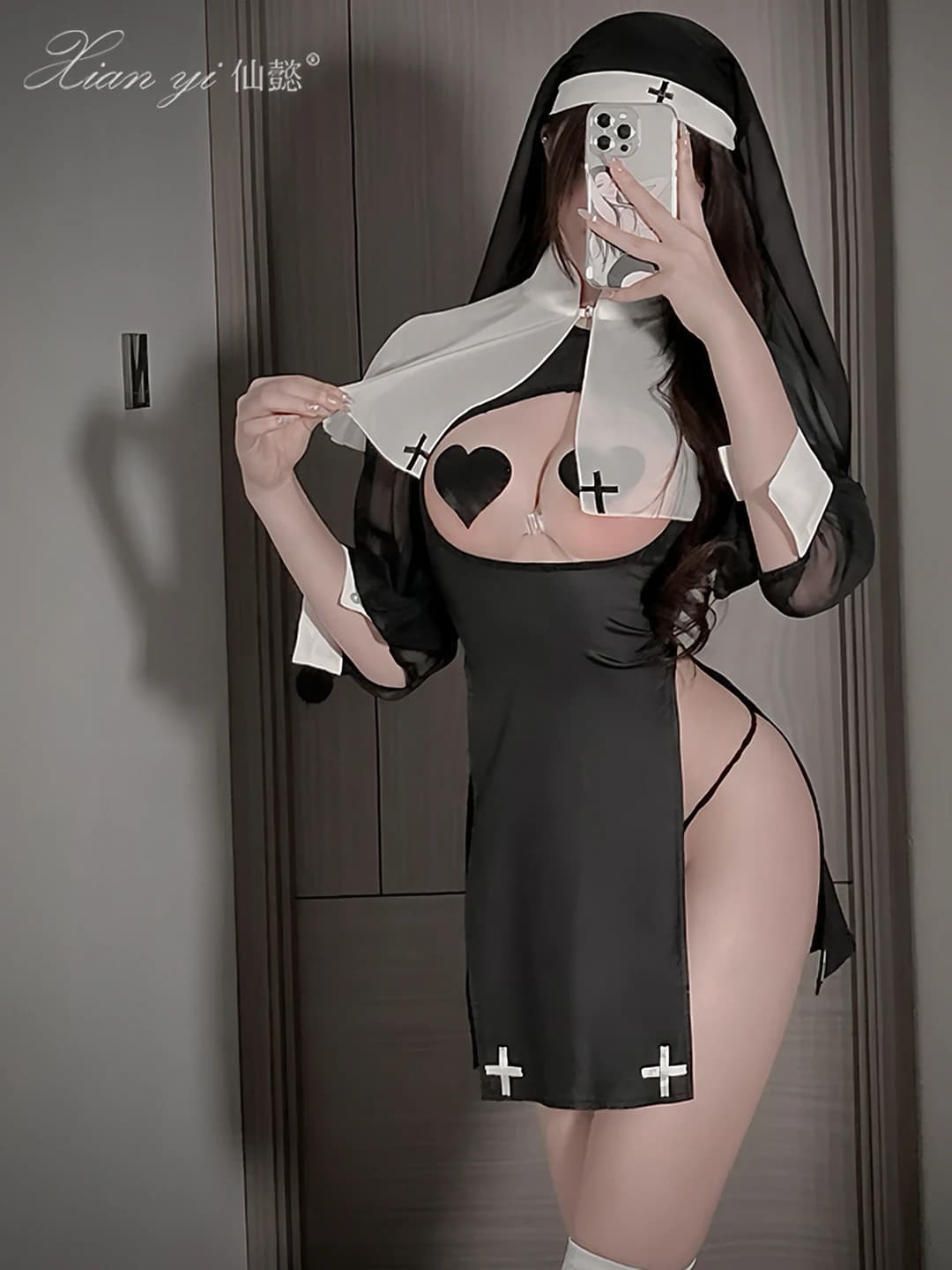 Women's erotic nun cosplay lingerie costume, polyester, 90%–95%