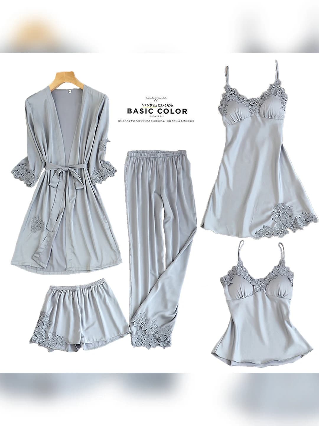 Women's 5-piece home set: Korean style, thin, silk-like, V-neck, long sleeve, trousers, summer, spring, autumn, winter