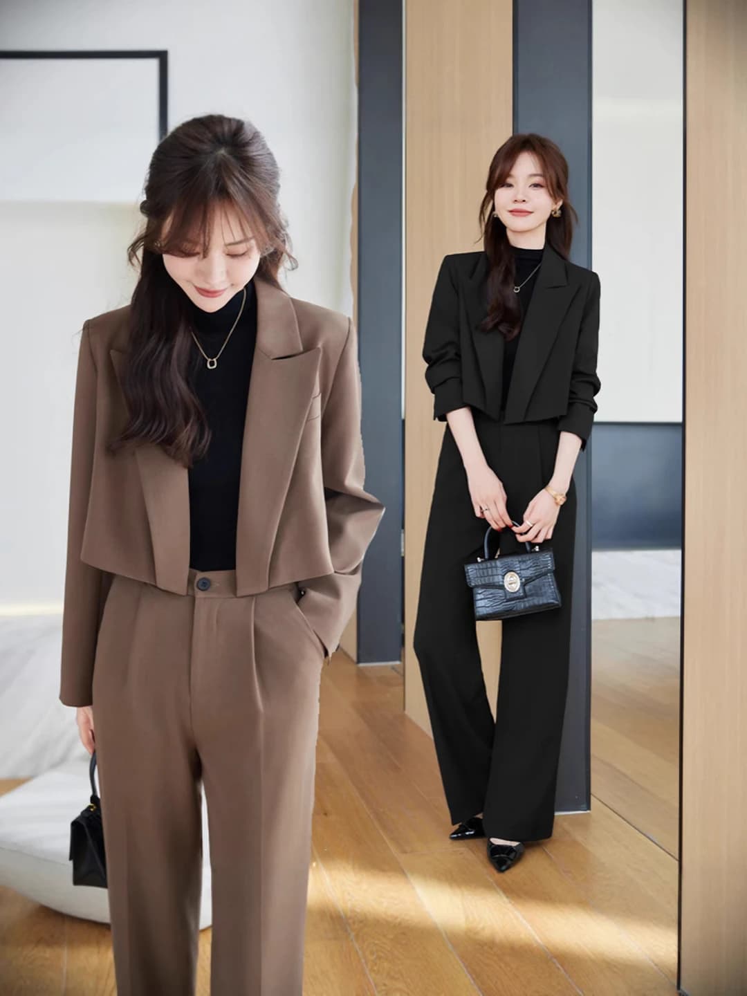 Women's petite set: cropped blazer and wide-leg trousers, high waist, lapel collar, long sleeve, spring-autumn