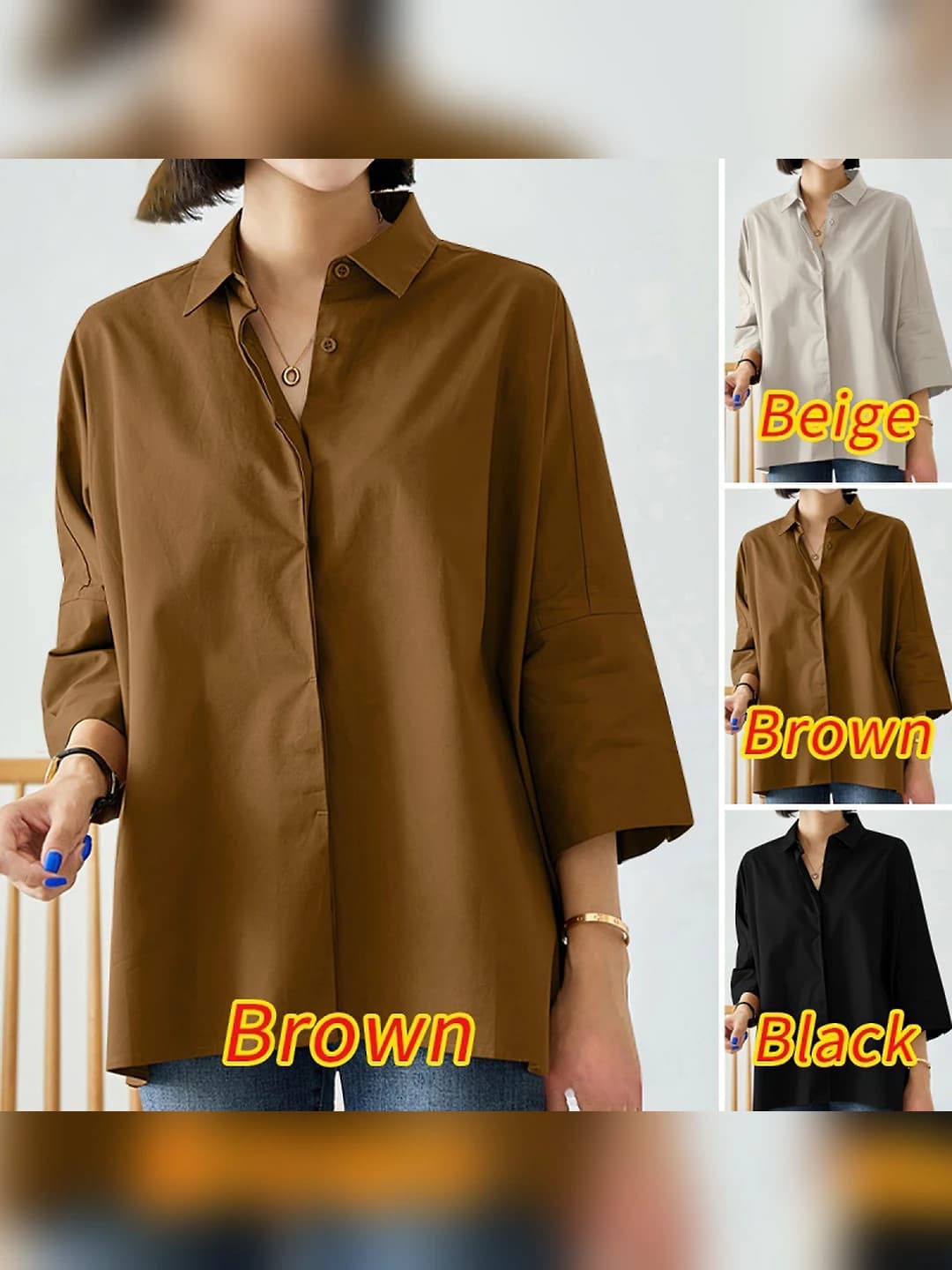 Women's long-sleeve shirt, mid-length, solid colour, loose fit, slim fit, slimming, designed, simple style, 3D cut, cotton blend