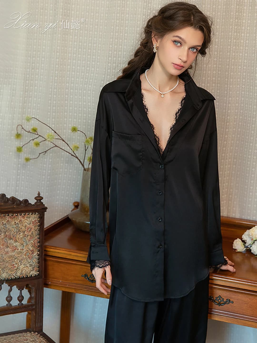 Women's lace pajama set: long sleeve blouse and trousers, pure cotton, v-neck, thin, breathable, casual style