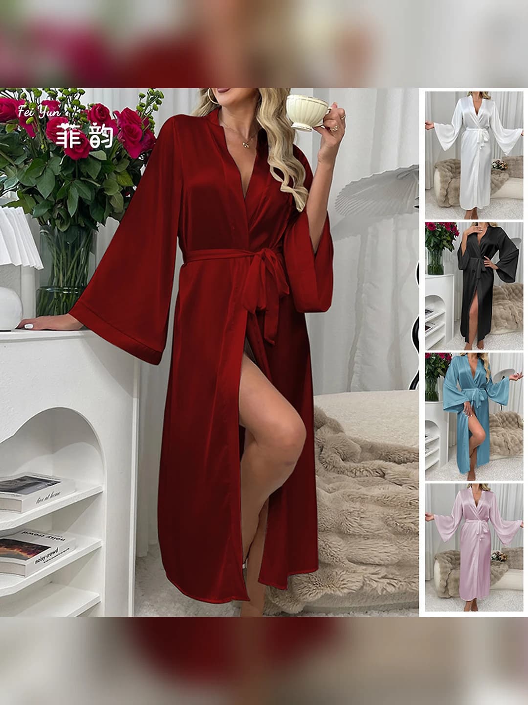Women's long sleeve house robe with V-neck, tie closure, and silk-like fabric