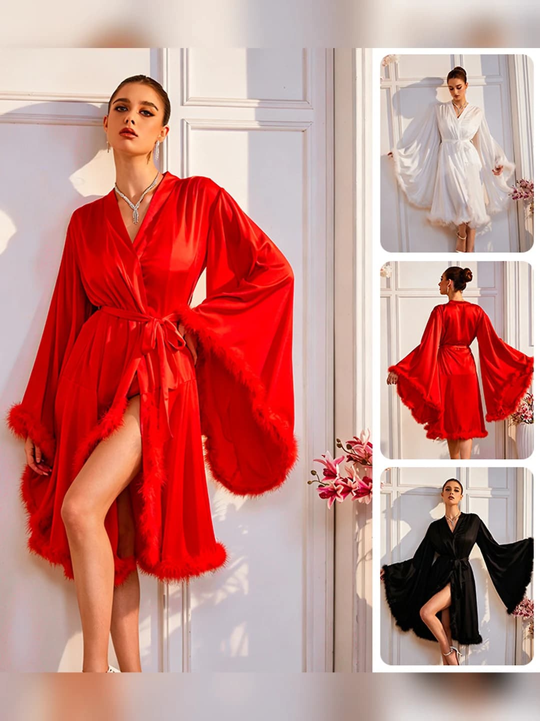 Women's satin fur-trimmed house robe, flared sleeves, lace-up, mid-length, for summer, spring, and autumn