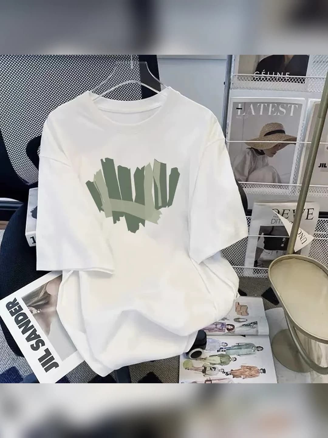 Women's pure cotton t-shirt, summer, Korean style, loose fit, crew neck, short sleeve, mid-length, printed, casual