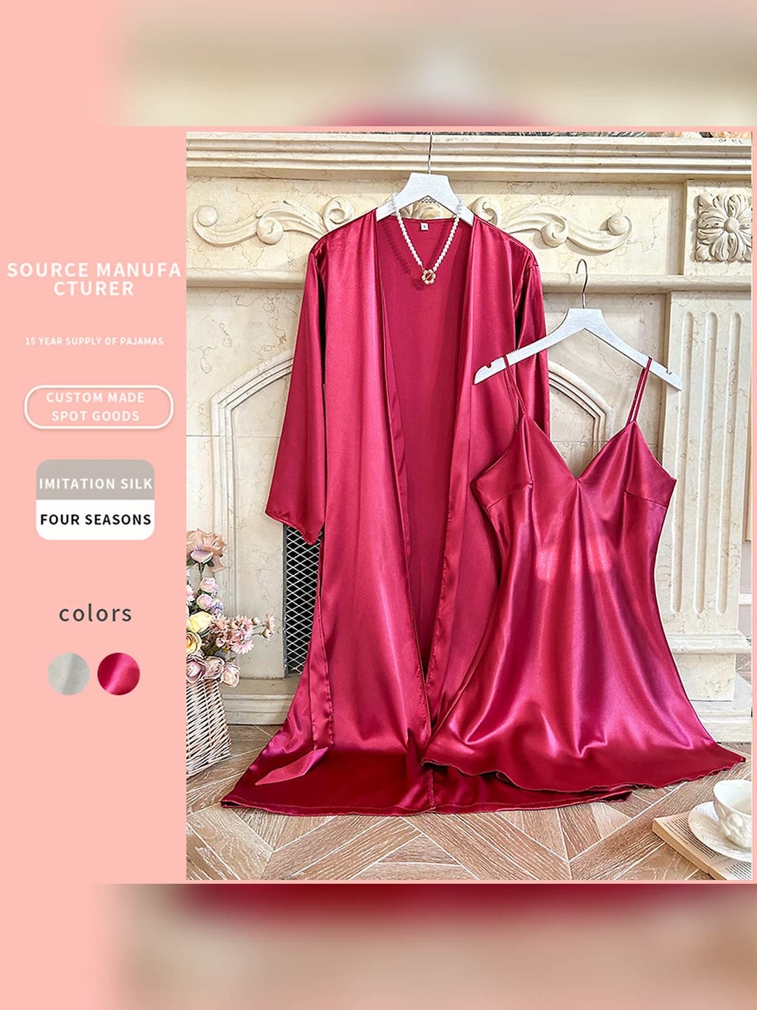 Women's home set: thin satin robe and nightgown, V-neck, long sleeve, 100% polyester, all-season