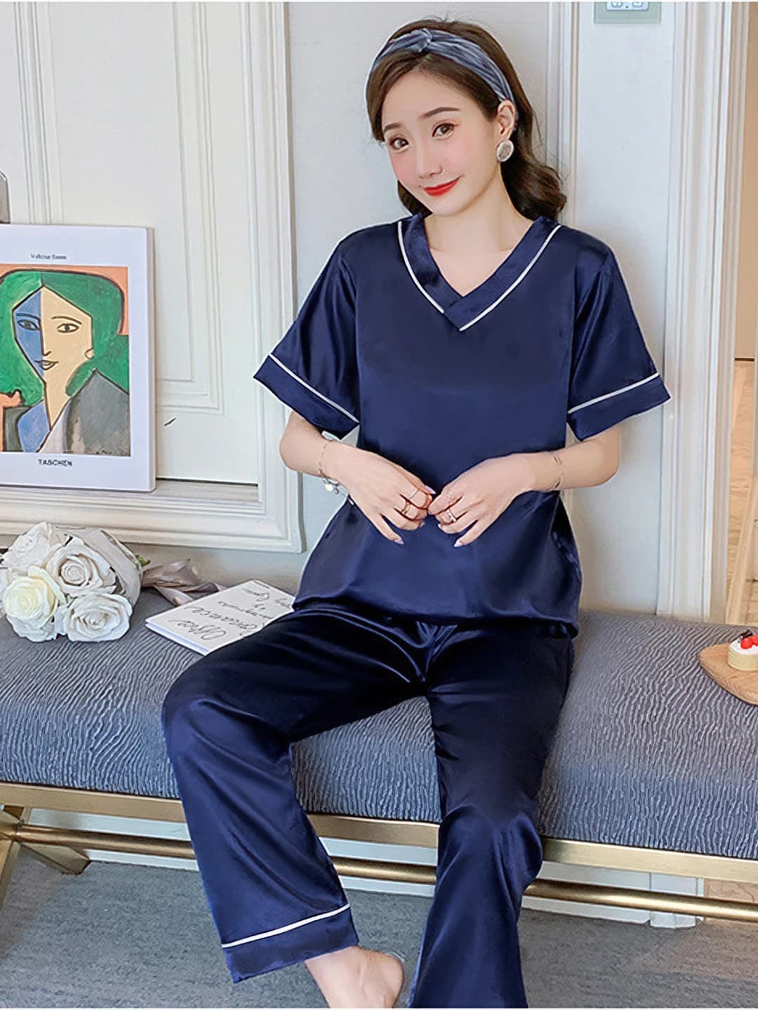 V-neck 2-piece set 9005# Dark blue