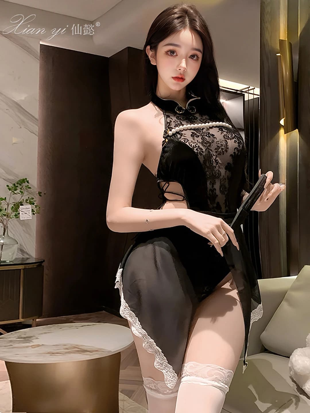 Women's erotic lace cheongsam lingerie bodysuit, sheer, backless, velvet fabric, 90%-95% polyester