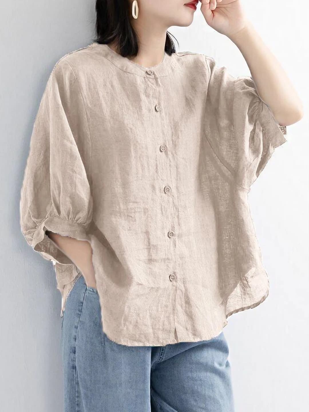 Women's cotton-linen blouse, three-quarter sleeve, retro style, plus size, loose fit