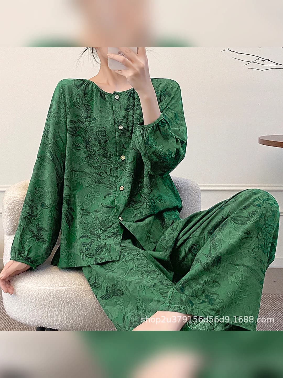 Women's summer Chinese style viscose pajama set, long sleeve top and trousers, thin, breathable, crew neck, button closure, can be worn as loungewear