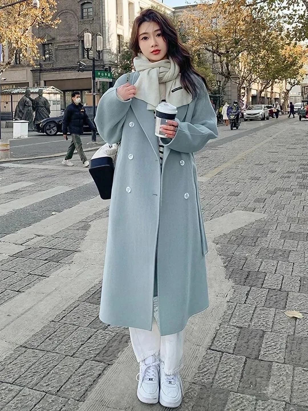 Women's Korean style autumn-winter coat, straight cut, mid-length, solid colour, loose fit, long sleeve, blazer collar, double-breasted closure, polyester