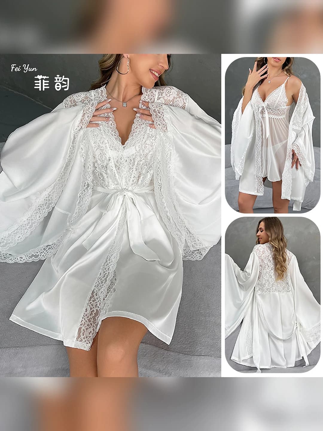 Women's satin lace home robe set, loose fit, loungewear, V-neck, bracelet-length sleeve, thin, solid colour, spring-summer-autumn