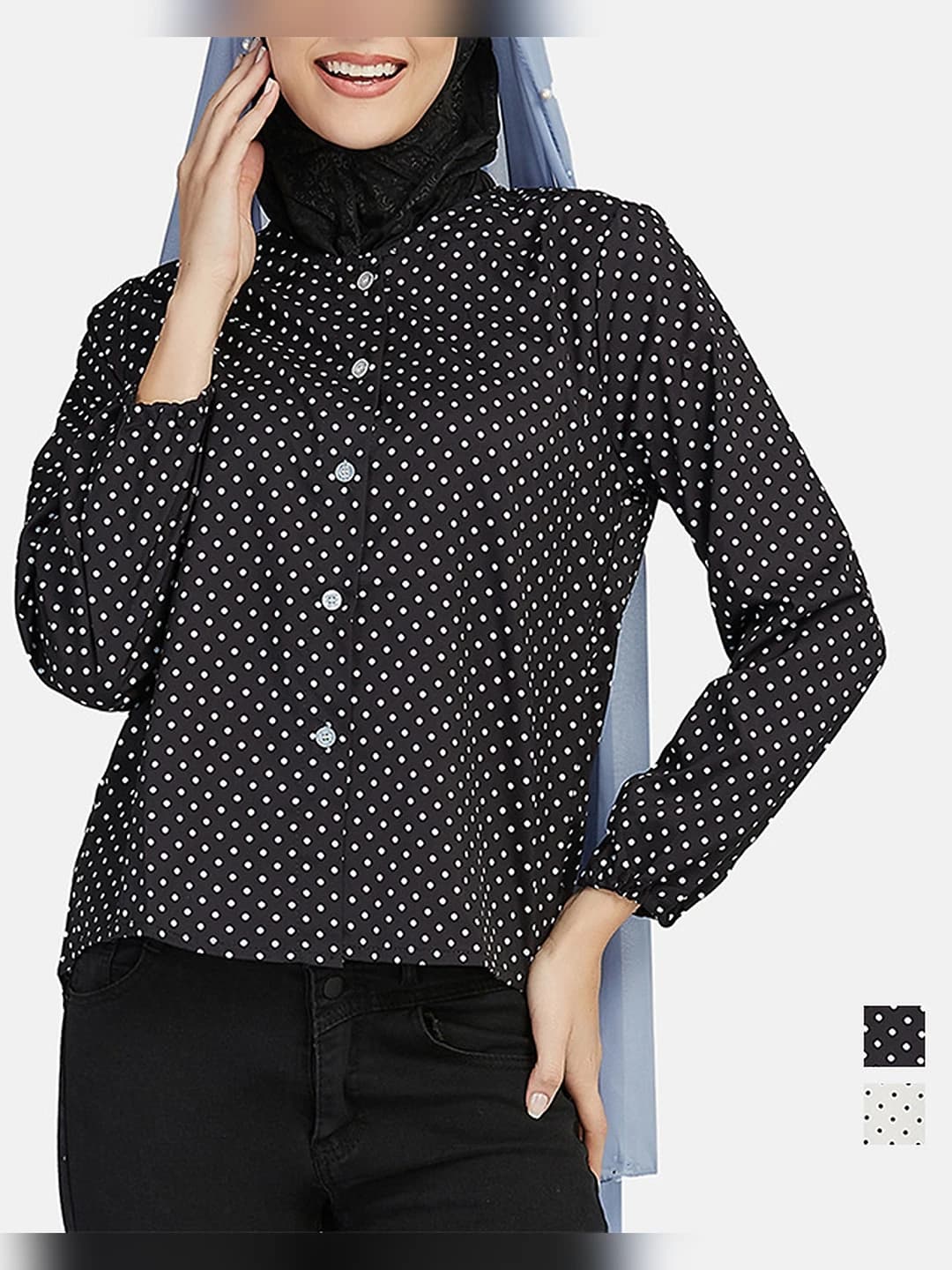 Women's Korean style printed blouse, crew neck, long sleeve, loose fit, slimming
