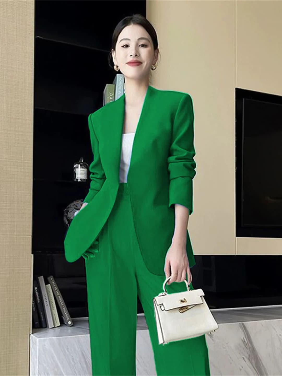 Women's plus size casual suit set with trousers, blazer and long trousers, long sleeve, polyester fabric