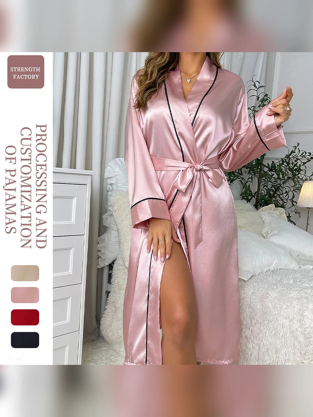 Women's long house robe, ice-silk fabric, thin, V-neck, long sleeve, summer, spring, autumn