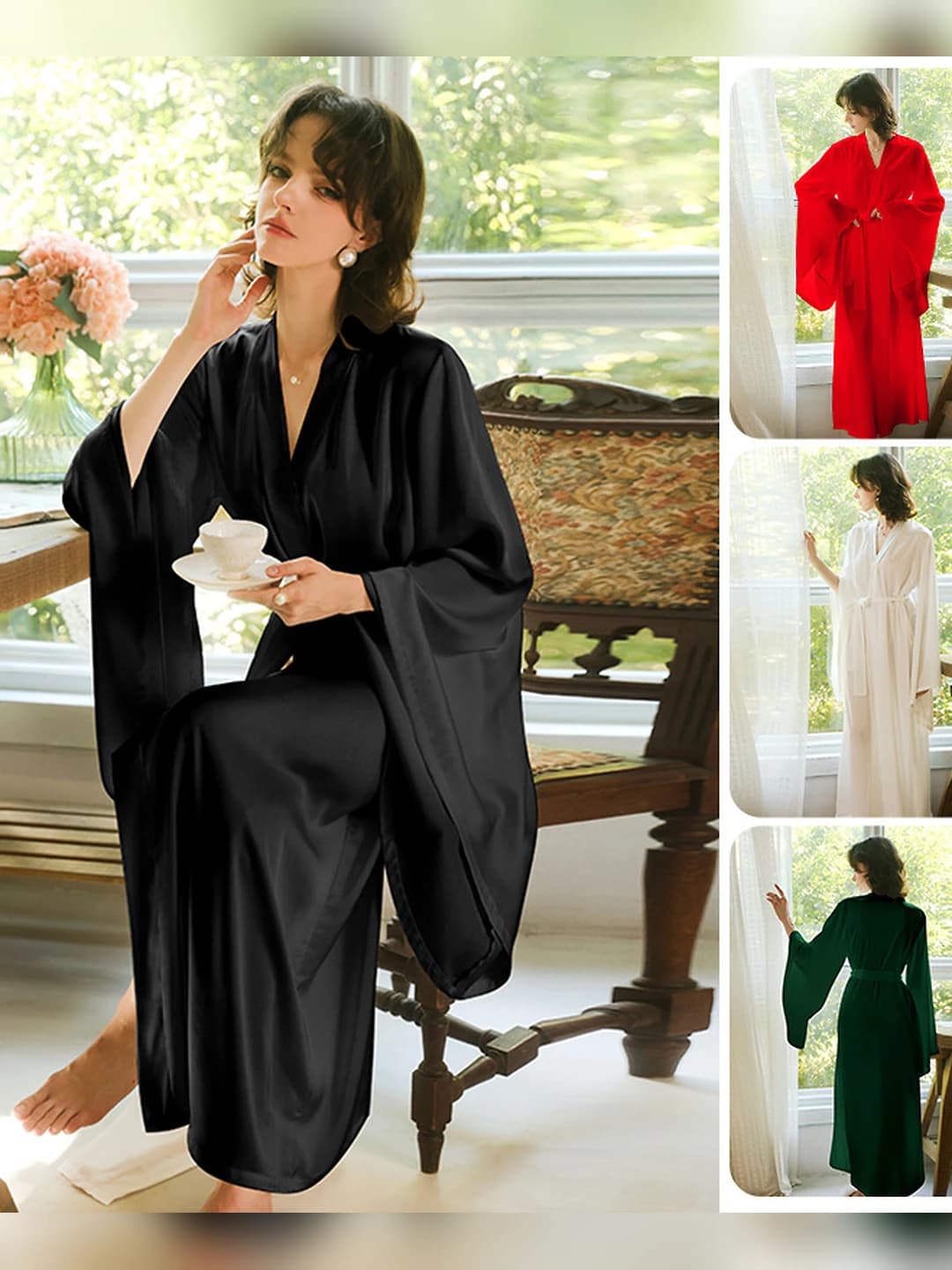 Women's house robe: imitation silk, long, loose fit, V-neck, for summer, spring, autumn