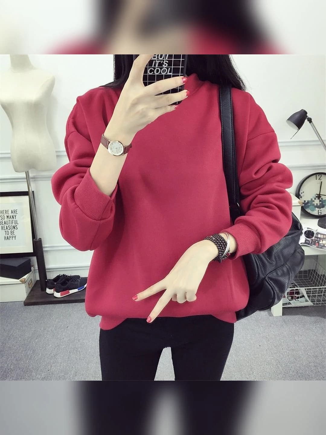 Women's fleece-lined stand collar solid colour loose fit sweatshirt, long sleeve, plus size, autumn-winter