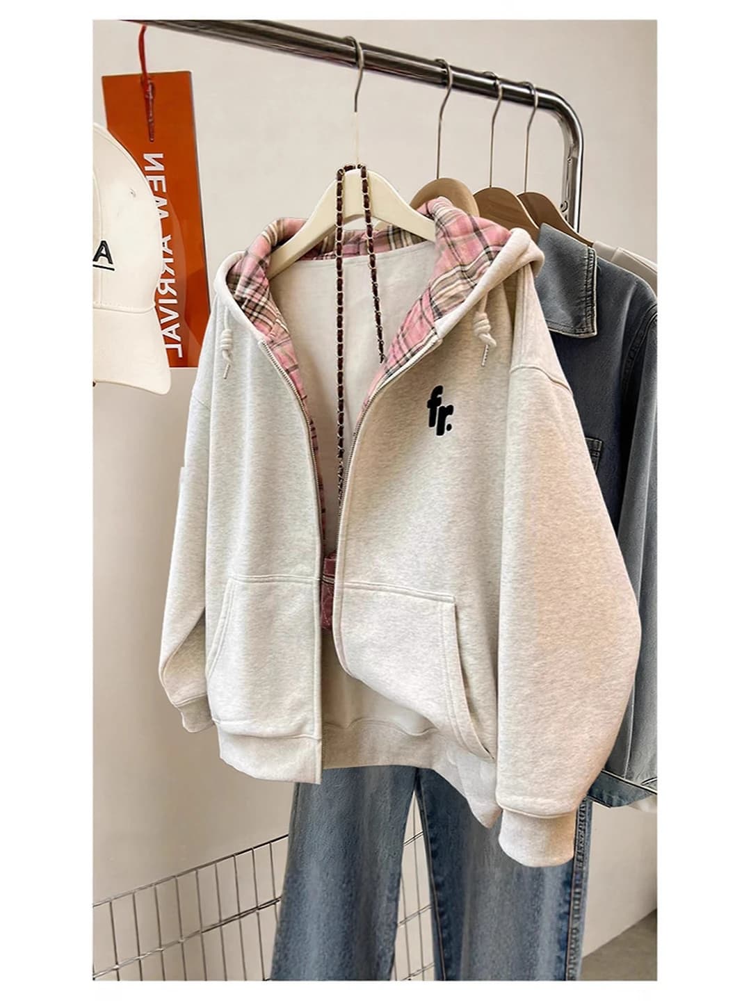 Women's Korean style loose fit casual zip-up hooded sweatshirt, autumn-winter 2026, plaid pattern