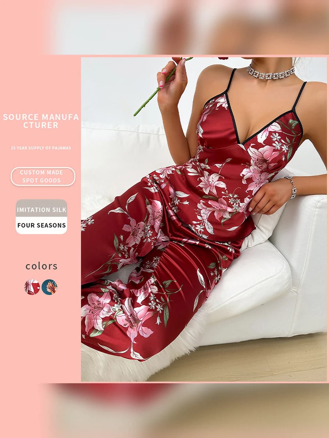 Women's thin printed V-neck sleeveless long pants pajama set (camisole + trousers), 100% polyester, breathable, for spring-summer-autumn