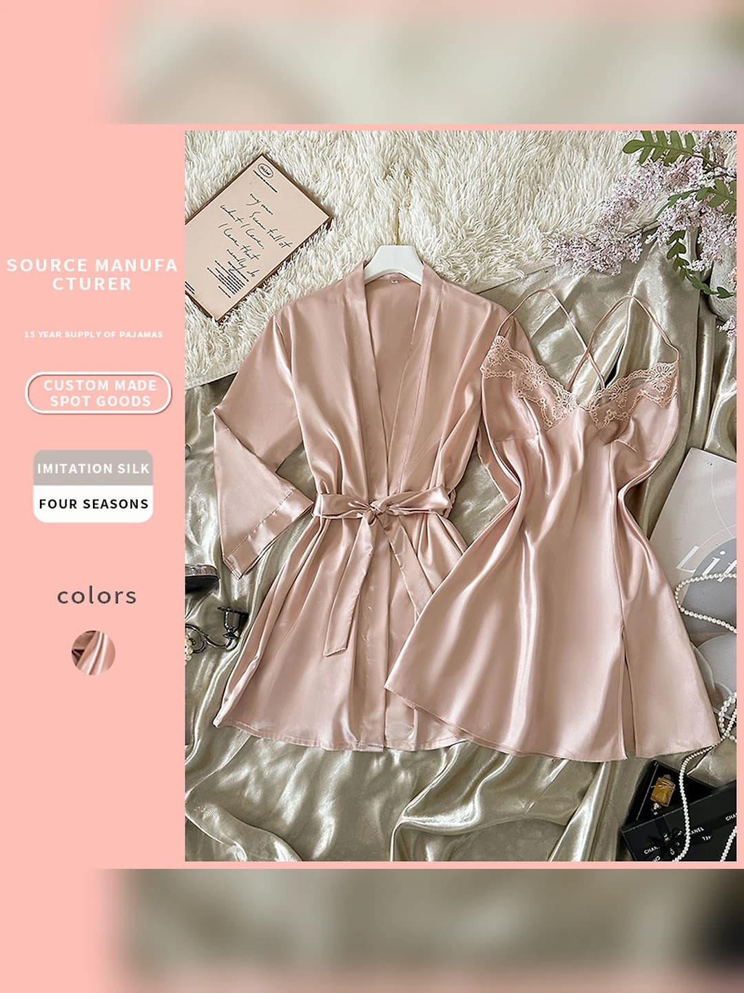 Ayollar uchun uy kiyimi to'plami: dantel tungi ko'ylak va saten uy kiyimi, havo o'tkazuvchan, kundalik, to'rt mavsum